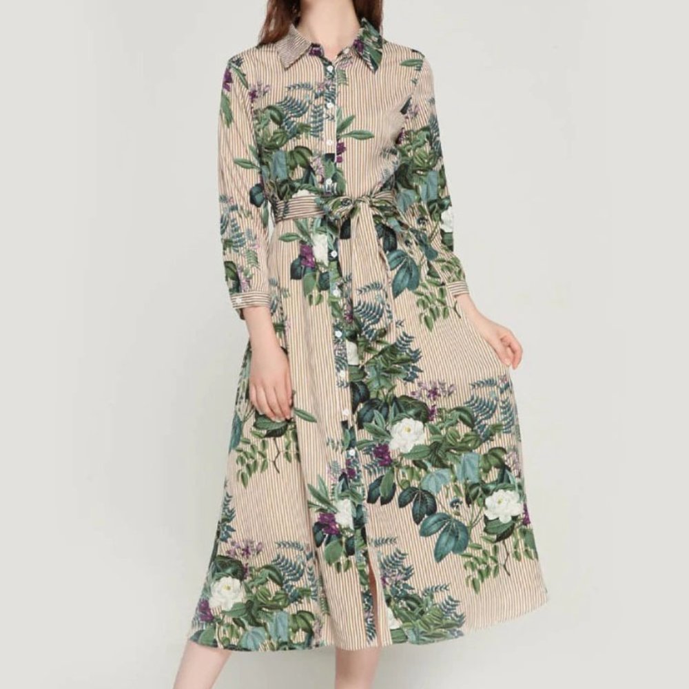 Vintage Floral Midi Dress Striped NEW
